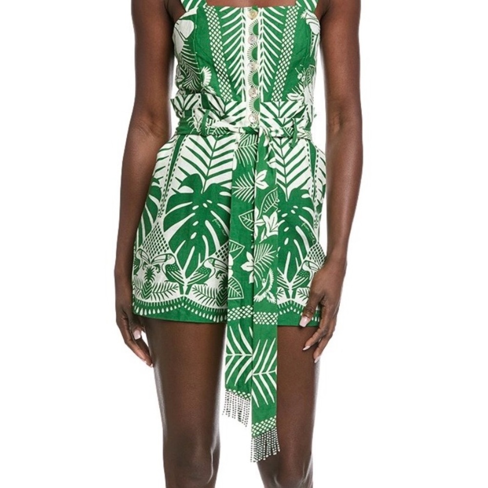 Farm Rio Macaw Elegance Off-White Linen-Blend Romper Palm Print